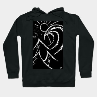 mountains at night on one side, the sunny beach with surf on the other white lines black background Hoodie